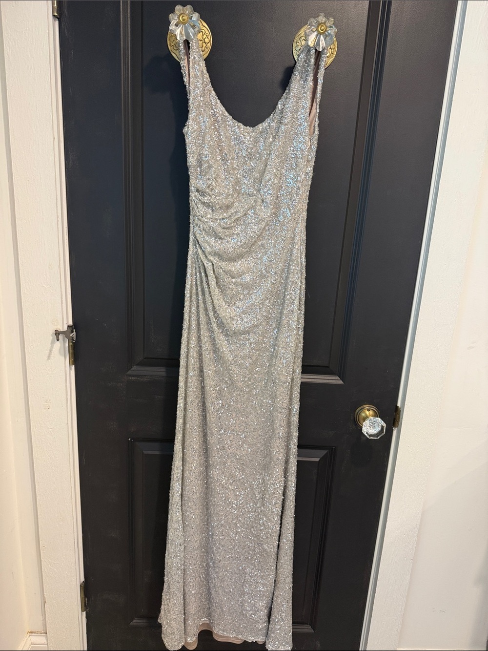 David Meister Silver Sequin Draped Gown